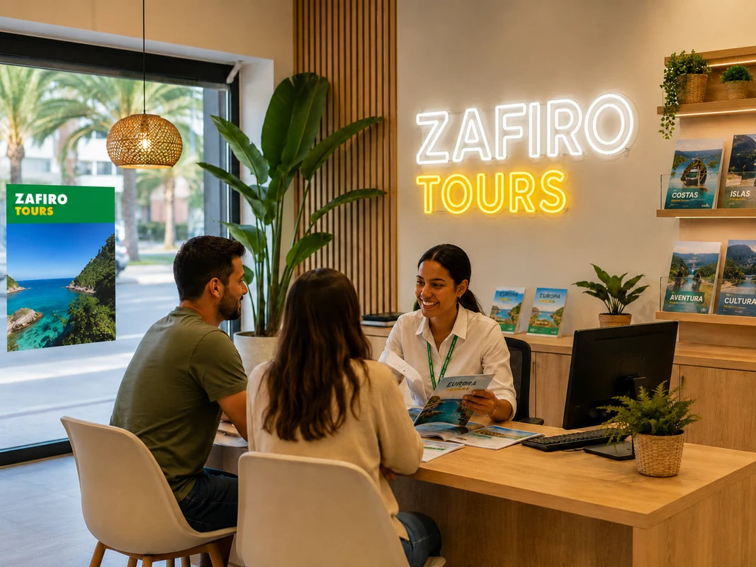 Agente de Zafiro Tours atendiendo a una pareja